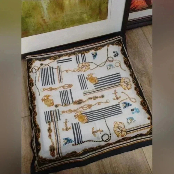 VINTAGE ITALIAN Square Scarf Nautical Gold Navy Art of the Scarf EUC Coastal - Picture 6 of 7